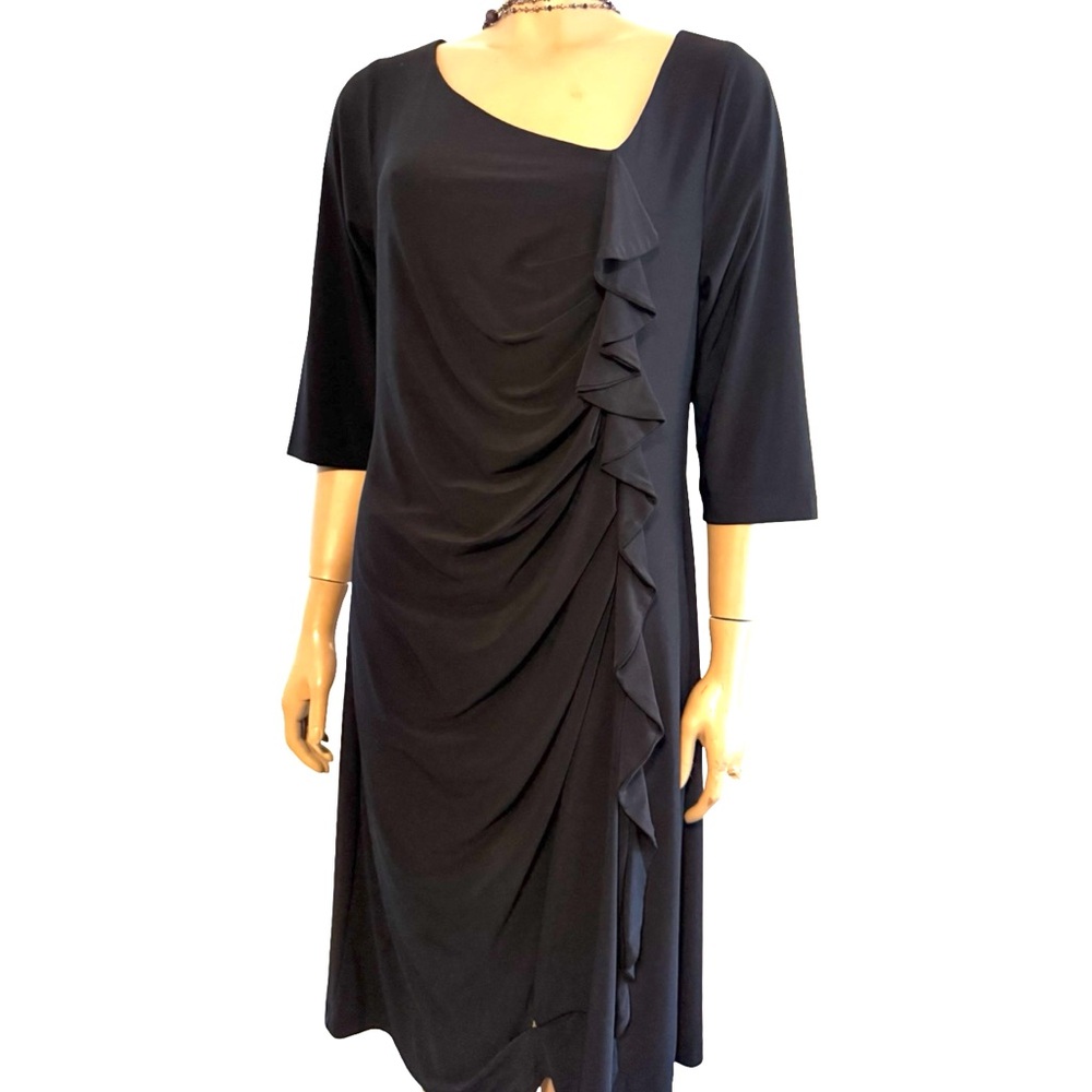 Elegant Black Midi Dress with Asymmetric Neckline 3/4 Sleeves Ruffle Detail